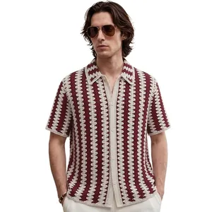 Polo de Punto de Crochet a Rayas Retro para Hombre Rojo Blanco Manga Corta Cárdigan Casual Top de Playa de Verano SJ0042