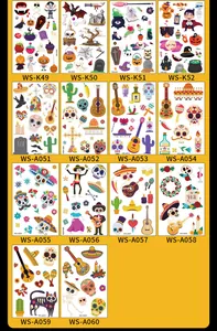 Multiple cartoon Halloween and Day of the Dead temporary tattoo sticker sheets collection