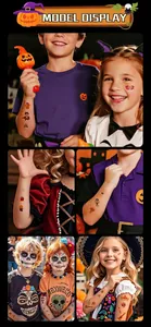 Kids wearing colorful Halloween temporary tattoos with pumpkin and skeleton motifs