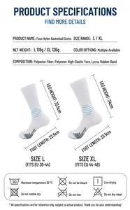 Spécifications de taille et guide d'entretien pour chaussettes de basket à mi-mollet.