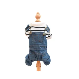 Completo classico per animali domestici con maglione a righe e salopette di jeans