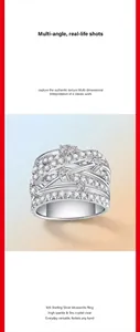 Nahaufnahme eines mehrreihigen 925er Sterling Silber Moissanit-Rings mit hohem Glanz