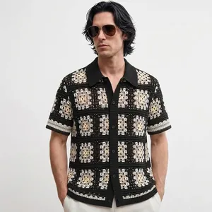Men's Vintage Granny Square Knitted Polo Shirt Hollow Out Crochet Short Sleeve Button Down Top Summer Casual Shirt