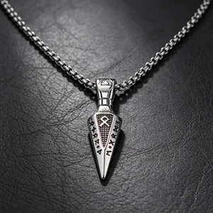 Vintage roestvrijstalen Viking pijlpunt hanger ketting met runengravures op leer