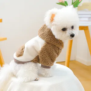 Warm sherpa fleece dog hoodie in white and brown for small pets during winter season