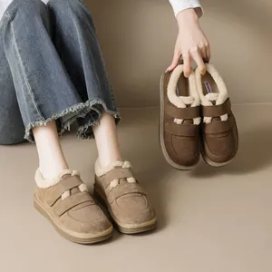 Warm women's winter loafers with thick sole and plush lining in khaki and brown colors