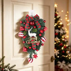 Couronne de Noël inversée avec renne et nœud rouge pour décoration de porte