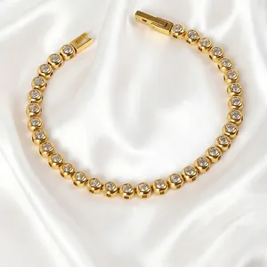 French Style Stainless Steel Round Colorful Zirconia Tennis Bracelet For Women Elegant 18K Gold Silver Plated Luxury Fashion Jewelry