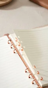 Macro detail of rose gold 6-ring binder mechanism for clear PVC A5 notebook organizer