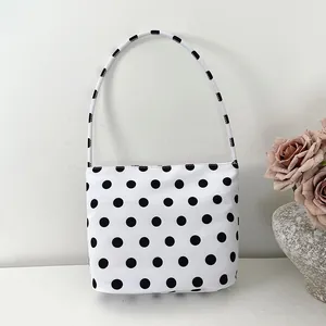 Stylish Korean white nylon underarm shoulder bag featuring black polka dot pattern
