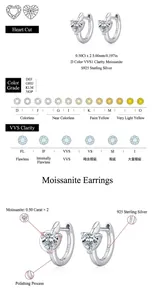 Σκουλαρίκια κρίκοι καρδιά από Moissanite ασήμι S925, καθαρότητα VVS1