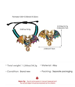 Detailed specs for colorful dragon woven bracelet and alloy pendant set