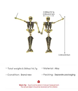 Gothic mermaid skeleton drop earrings with detailed measurements and alloy material specs