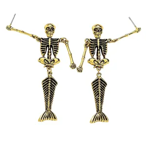 Detailed view of Gothic gold skeleton mermaid drop earrings for Halloween punk style.