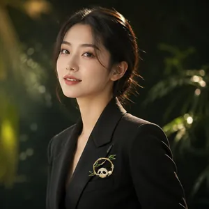 Close-up of cute panda bamboo brooch worn on a classic black suit jacket