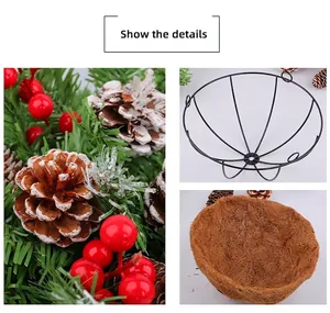 Detailed view of artificial Christmas hanging basket with coco liner and metal frame