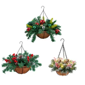Decorative set of three artificial Christmas hanging baskets with LED lights and red berries