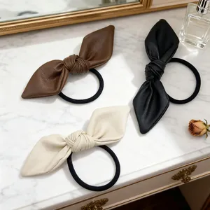 Sweet Korean Style PU Leather Bowknot Hair Tie Minimalist Solid Color Elastic Hair Band Handmade Hair Rope For Women Girls