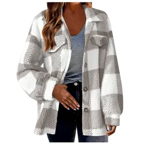 Veste à carreaux gris et blanc en polaire pour femme avec boutons pour l'automne hiver