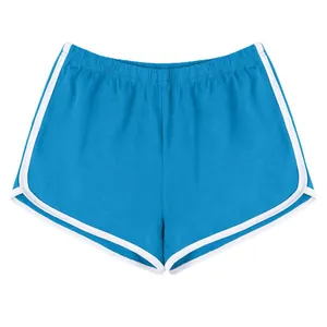 Vorderansicht blauer Damen-Sportshorts mit weißem Kontrastbesatz und elastischem Bund