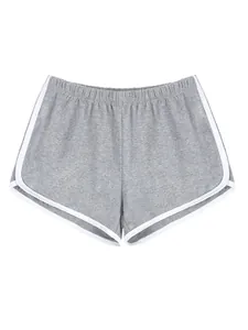 Detailansicht graue Sportshorts für Damen mit weißem Kontrastbesatz und Gummizug im Bund