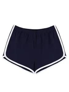 Detailansicht der dunkelblauen Sportshorts für Damen mit weißen Kontrastpaspeln