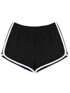 Schwarze Damen-Sportshorts mit weißer Paspelierung, ideal für Yoga und Laufen.