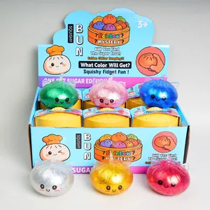 Vibrant glitter maltose squishy bun fidget toys with steamers displayed in a colorful box