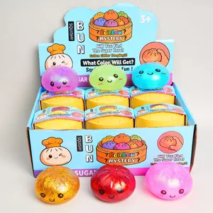 Rainbow glitter squishy bun fidget toy set with mini steamer and colorful display box
