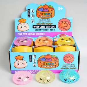Colorful glitter squishy bun fidget toy set with mini steamers for stress relief