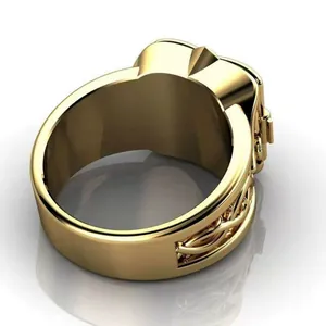 Detailed view of heavy gold-tone men's flip ring with intricate side band engravings