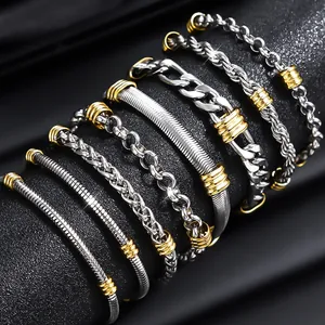 Premium set of diverse men's stainless steel bracelets with gold beads in hip hop style