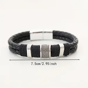 Detailed view of a black braided men's bracelet with silver accents and 7.5cm size