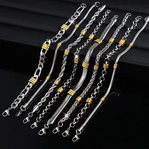 Close-up of men's stainless steel hip-hop bracelets with gold beads in various chain styles.