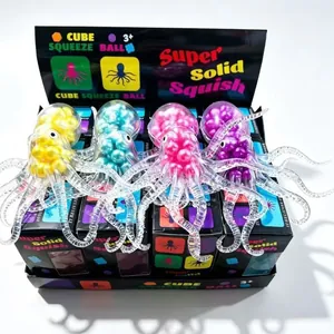 Set of 4 colorful bead-filled octopus squeeze toys for stress relief in retail box