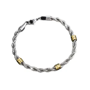 Men's stainless steel rope chain bracelet with gold accent beads and lobster clasp closure