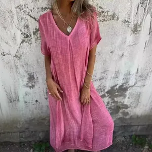 Robe longue décontractée en coton et lin rose pour femme, col en V et manches courtes.