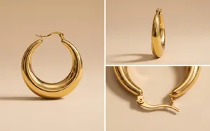 Macro view showing the texture of 18K gold plated stainless steel chunky hoop earrings