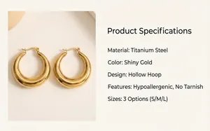 Detailed specifications for shiny gold hollow hoop earrings made of titanium steel