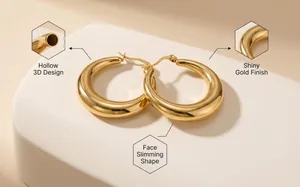 Detailed macro view showing the shiny 18K gold-plated finish on 3D hollow hoop earrings
