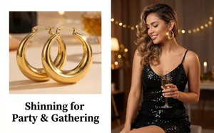 Detailed view of 18K gold plated stainless steel hollow hoop earrings worn for party