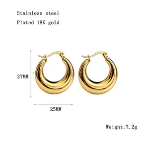 Detail view of 18K gold-plated stainless steel hollow hoop earrings with size specs