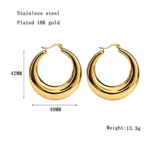 Detail view of 18K gold plated stainless steel hoop earrings with dimensions