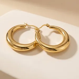 Stainless Steel Chunky Hoop Earrings For Women 18K Gold Plated Hollow Round Geometric Minimalist High Polish Statement Jewelry