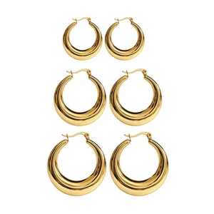 Set of three pairs of 18K gold plated stainless steel chunky hollow hoop earrings
