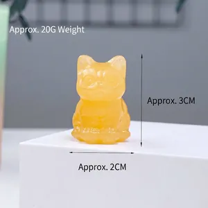 Hand-carved natural yellow crystal lucky cat figurine for home desk decor, 3cm height