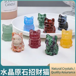Natural crystal stone lucky cat figurines for creative office desk decor and gifts