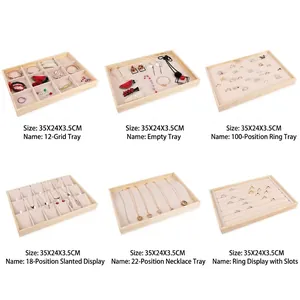 Plateau de Présentation de Bijoux en Bois Naturel Avec Doublure en Velours Beige Boucles d'Oreilles Bague Collier Rangement Bijoux Bois Organisateur