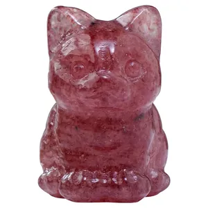 Natural strawberry crystal lucky cat figurine hand-carved stone decor ornament