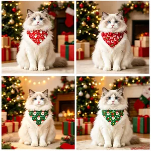 Collage of a white cat wearing four different Christmas-themed pet bandanas.